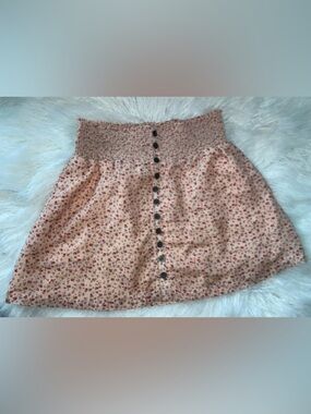 Floral Peach Mini Skirt with Smocked Waist and Button Front
